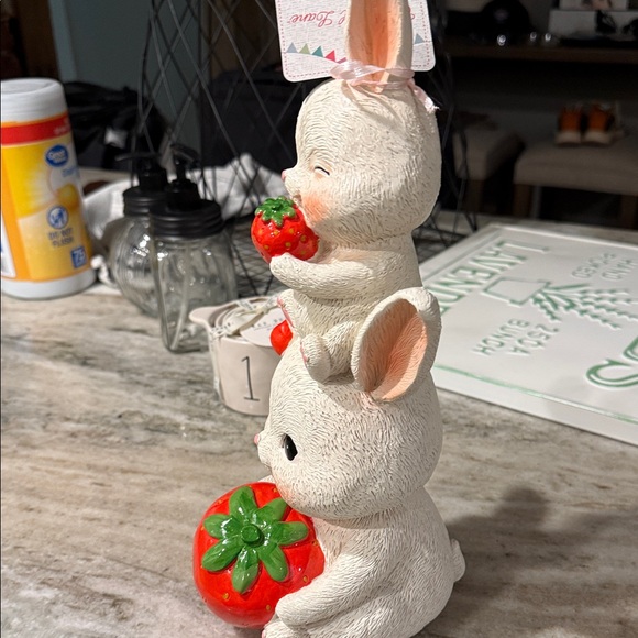 Stacked Bunny Figurine Holding Strawberries - White with Red Accents - Picture 3 of 5